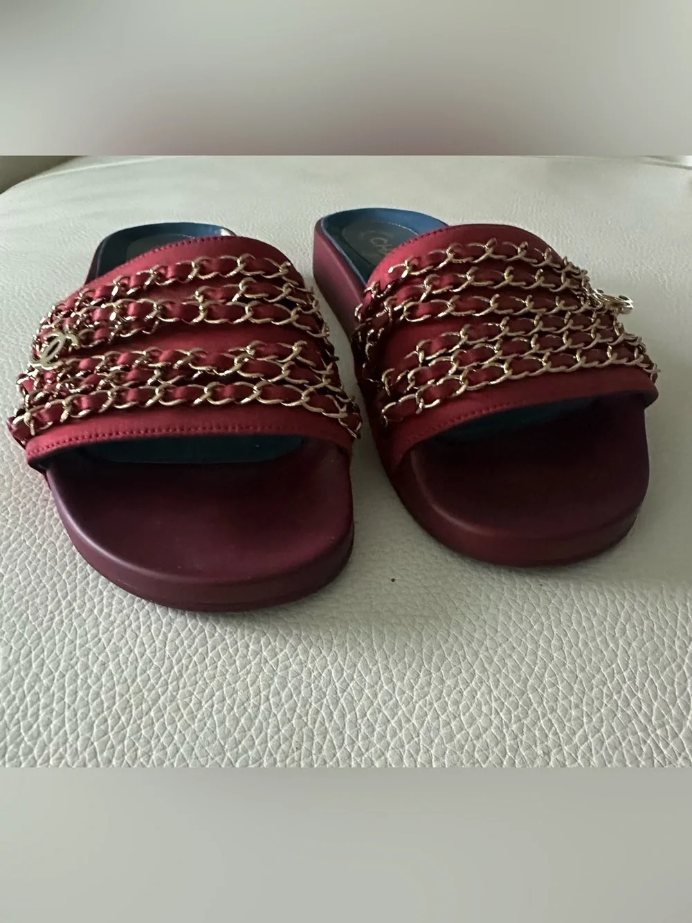 Chanel Gold Chain Tropiconic CC Slides in Dark Fuschia- Size EU 39